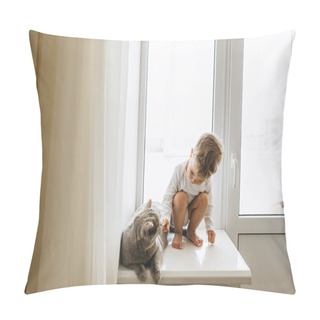 Personality  Cute Little Child With Grey British Shorthair Cat Sitting On Windowsill At Home Pillow Covers