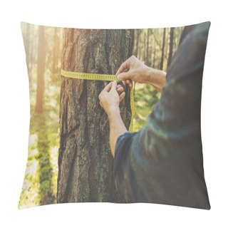 Personality  Deforestation And Forest Valuation - Man Measuring The Circumference Of A Tree With A Ruler Tape Pillow Covers