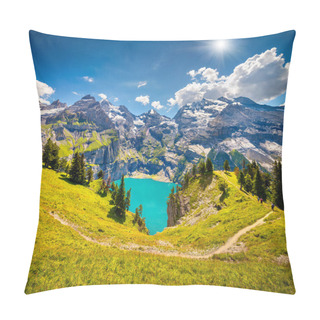 Personality  Colorful Summer Morning On Unique Lake - Oeschinen (Oeschinensee), UNESCO World Heritage Site. Beautiful Outdoor Scene In Bernese Oberland Alps, Switzerland, Europe. Pillow Covers