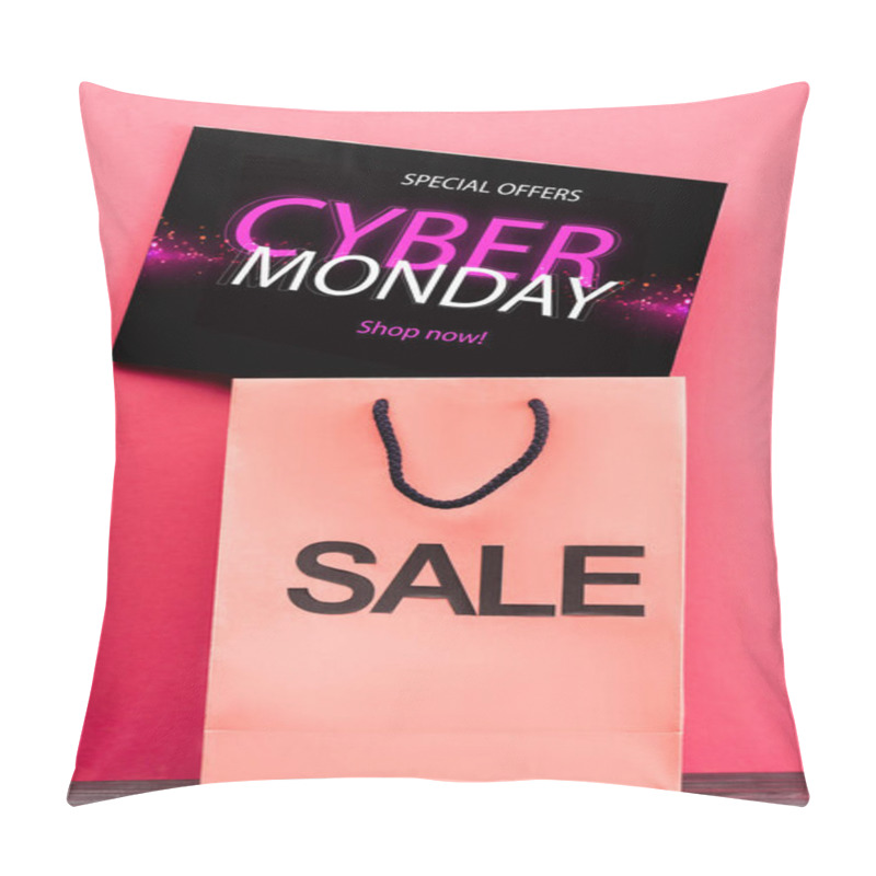 Personality  Placard With Special Offers, Cyber Monday Lettering Near Shopping Bag On Pink Pillow Covers