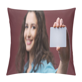Personality  Young Woman Holding A Business Card Pillow Covers