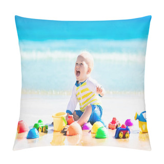 Personality  Baby Playing On Tropical Beach Digging In Sand Pillow Covers