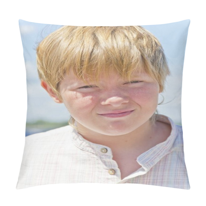 Personality  Portrait of serious boy on blue sky pillow covers