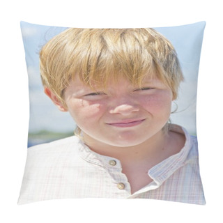 Personality  Portrait Of Serious Boy On Blue Sky Pillow Covers