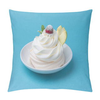 Personality  Pavlova Meringue Dessert On A White Plate With A Blue Background. Meringue Dessert With A Creamy Round Meringue With Butter Cream, Mint Leaves And A Cherry On Top, Side View With Copyspace Pillow Covers