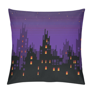 Personality  Haunted City At Night, Spooky Pixel Art Town Landscape, Vector Background Illustration Pillow Covers