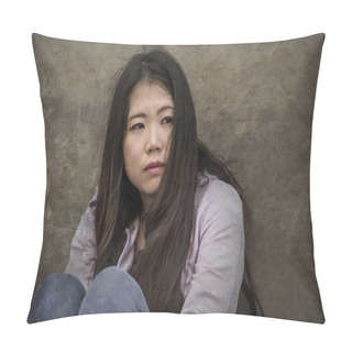 Personality  Young Sad And Depressed Asian American Student Woman Or Bullied Teenager Sitting Outdoors On Street Staircase Overwhelmed And Anxious Feeling Desperate Suffering Depression Problem  Pillow Covers