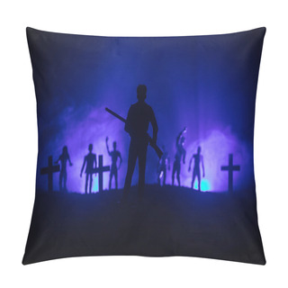 Personality  Man With Riffle Against Zombie Attack. Zombie Apocalypse. Scary View Of Blurred Zombies At Cemetery And Spooky Cloudy Sky With Fog. Horror Halloween Concept. Pillow Covers