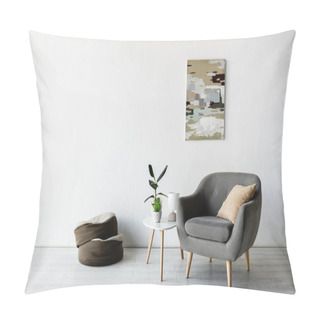 Personality  Comfortable Armchair And Pillow Near Coffee Table With Green Plants, Lamp And Painting On Wall In Living Room  Pillow Covers