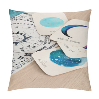 Personality  Cards With Watercolor Drawings Of Moon Phases And Birth Cart With Zodiac Signs On Table Pillow Covers