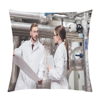 Personality  Engineer In White Coat Looking At Coworker In Glasses While Holding Blueprint  Pillow Covers