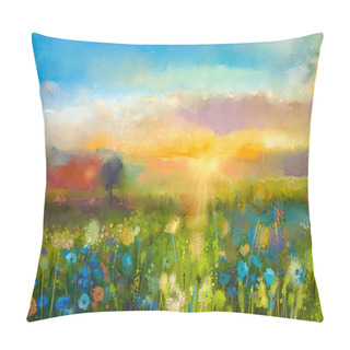 Personality  Oil Painting  Flowers Dandelion, Cornflower, Daisy In Fields. Sunset  Meadow Landscape With Wildflower Pillow Covers
