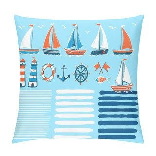 Personality  Stylish Marine Cartoon Hand-drawn Set Of Sailboats. Vector Illustration On An Isolated Background - Marine Elements For Your Design. Pillow Covers
