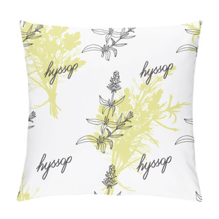 Personality  Hand Drawn Hyssop Branch, Flowers And Handwritten Sign. Spicy Herbs Seamless Pattern. Doodle Kitchen Background Pillow Covers