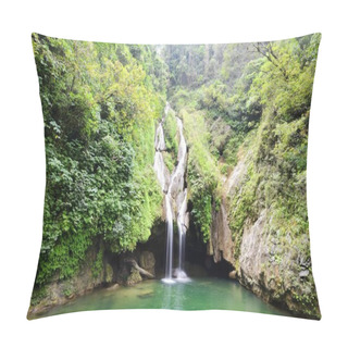 Personality  Tropical Waterfall In A Tropical Jungle Flowing Down To The Lake Pillow Covers