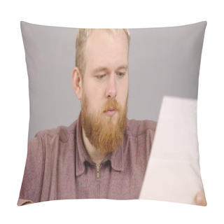 Personality  Cheerful Male Boss With Beard Sits At A Table With Documents In The Office Pillow Covers