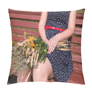 Personality  Young Woman Sitting With Motley Grass Bouquet During Macovei Cel Pillow Covers