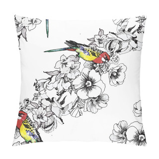Personality  Exotic Birds Parrot With Flowers Colorful Seamless Pattern. Watercolor Illustration. Pillow Covers