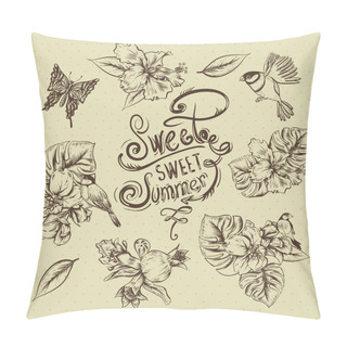 Personality  Vintage Monochrome Collection Of Tropical Flowers, Butterfly Pillow Covers