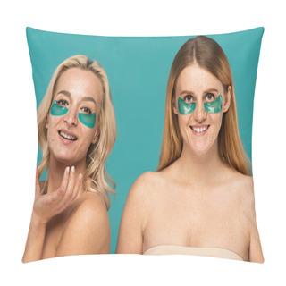 Personality  Happy Women With Different Skin Conditions And Patches Under Eyes Smiling Isolated On Turquoise  Pillow Covers