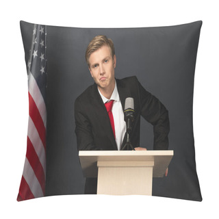 Personality  Displeased Emotional Man On Tribune With American Flag On Black Background Pillow Covers