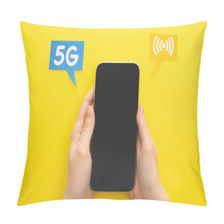 Personality  Cropped View Of Woman Holding Smartphone Near Speech Bubbles With 5g Lettering On Yellow Background Pillow Covers