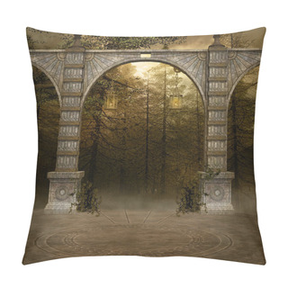 Personality  Background With Ancient Arcades In A Misty Forest Pillow Covers