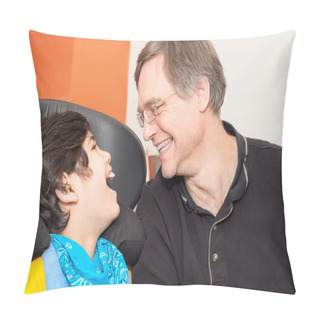 Personality  Disabled Little Boy In Wheelchair Laughing With Father In Hospit Pillow Covers