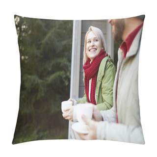 Personality  Young Beautiful Caucasian Woman Looking At Boyfriend With Admiration And Smiling Happily While Standing On Porch With Cup Of Tea On Cool Autumn Day Pillow Covers