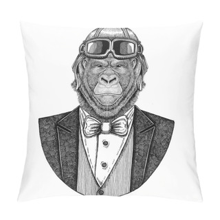 Personality  Gorilla, Monkey, Ape Animal Wearing Aviator Helmet And Jacket With Bow Tie Flying Club Hand Drawn Illustration For Tattoo, T-shirt, Emblem, Logo, Badge, Patch Pillow Covers