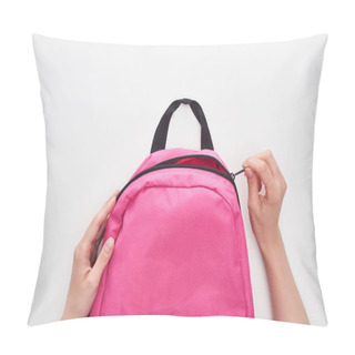 Personality  Partial View Of Schoolgirl Zipping Bright Pink Schoolbag Isolated On White Pillow Covers