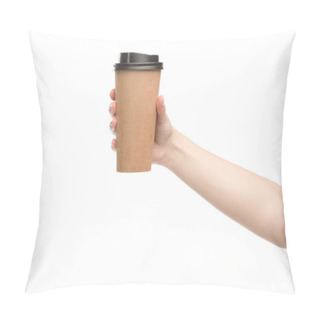 Personality  Cropped View Of Woman Holding Paper Cup Isolated On White Pillow Covers