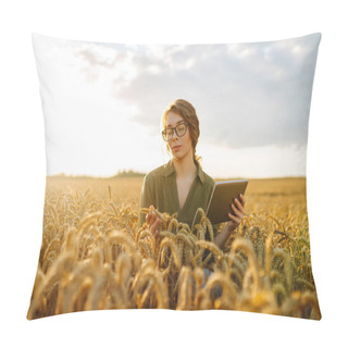 Personality  Female Farmer Using Digital Tablet In Wheat Field. Smart Farming And Digital Agriculture. Pillow Covers