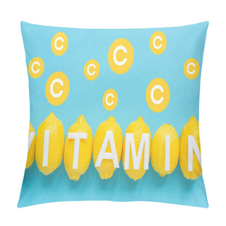 Personality  Top View Of Ripe Yellow Lemons And Vitamin C Illustration On Blue Background Pillow Covers