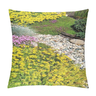 Personality  Vibrant Spring Garden In Full Bloom, Fort Wayne, Indiana, 2021 - Yellow And Pink Flowers Amid Lush Greenery Pillow Covers