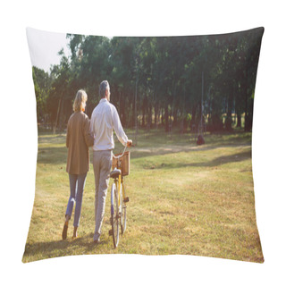 Personality  The Behind Of Caucasian Elderly Couples Walking With A Bicycle In The Natural Autumn Sunlight Garden Feel Cherish And Love, Concept Elderly Love, Warm Family, Happy Retirement, Retirement Lifestyle. Pillow Covers
