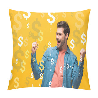 Personality  Happy Handsome Man Showing Yes Gesture Isolated On Yellow With Dollars Icons Pillow Covers