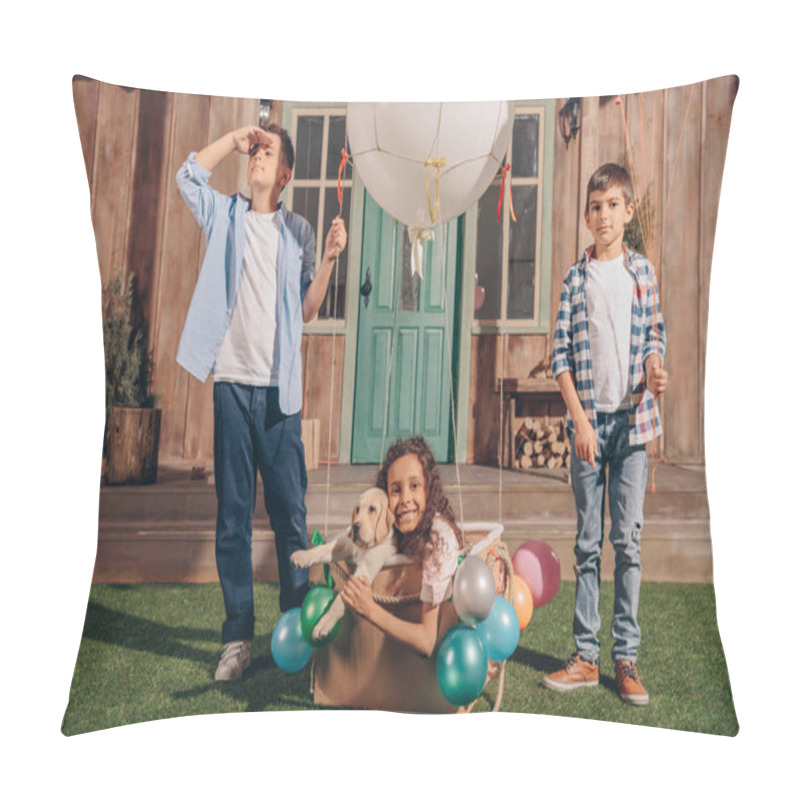 Personality  girl with puppy in air balloon box pillow covers