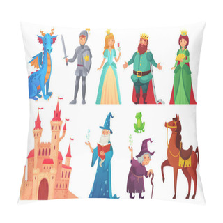 Personality  Fairy Tales Characters. Fantasy Knight And Dragon, Prince And Princess, Magic World Queen And King Isolated Cartoon Vector Set Pillow Covers