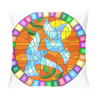 Personality  Illustration In Stained Glass Style With A Pair Of White Doves On The Background Of Orange Sky , Oval Picture In A Bright Frame Pillow Covers