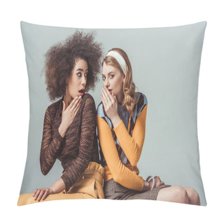 Personality  Multicultural Retro Styled Girls Gossiping Isolated On Grey Pillow Covers