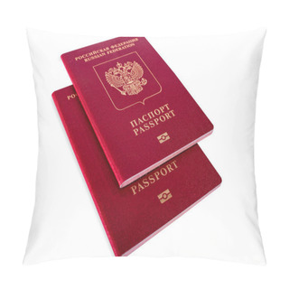 Personality  A Couple Of Red Russian Passports For Travel, Going Abroad, Isolated. Pillow Covers