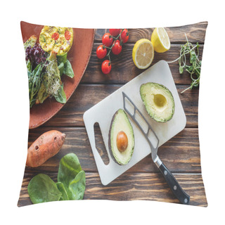 Personality  Flat Lay With Vegetarian Salad, Cut Avocado On Cutting Board, Knife And Fresh Vegetables Around On Wooden Tabletop Pillow Covers