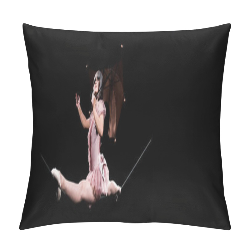 Personality  Panoramic Shot Of Aerial Acrobat In Costume Holding Umbrella And Doing Splits On Rope  Pillow Covers