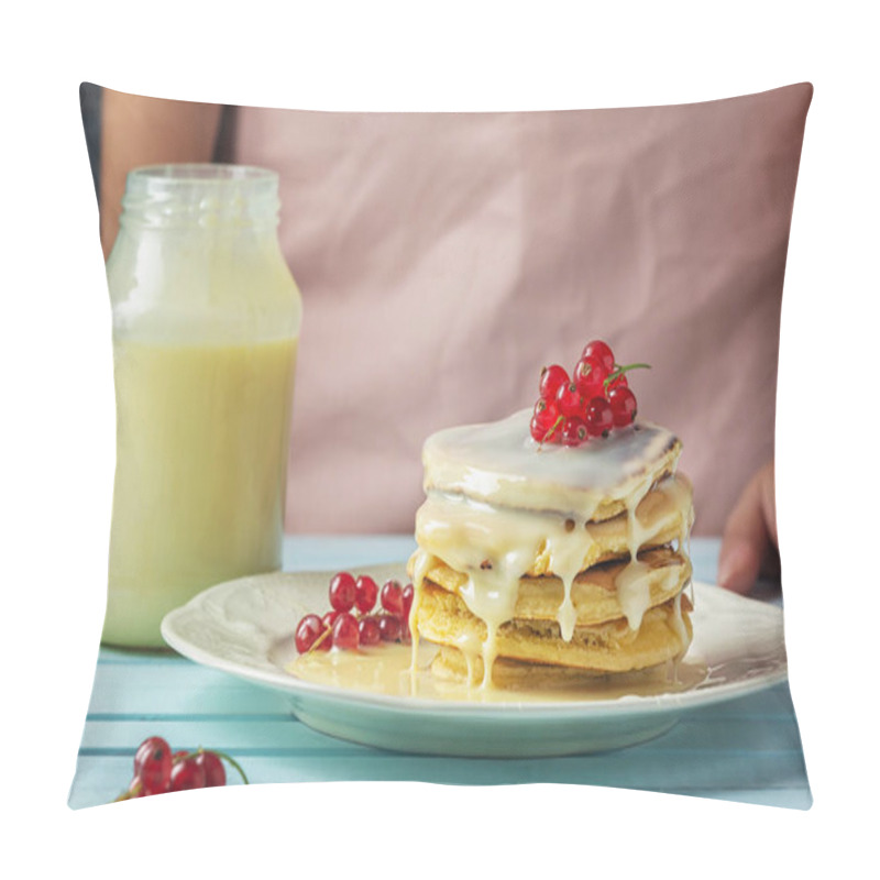 Personality  Pancakes With Condensed Milk. Tasty Breakfast With Red Currant Berries Pillow Covers