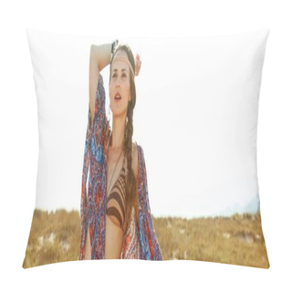Personality  Bohemian Vibe Vacation. Portrait Of Modern Free Spirit Girl In Jeans Shorts And Cape Outdoors In The Summer Evening Looking Into The Distance Near A Fence Pillow Covers
