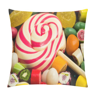 Personality  Close Up View Of Bright Lollipop Among Fruit Caramel Multicolored Candies Pillow Covers