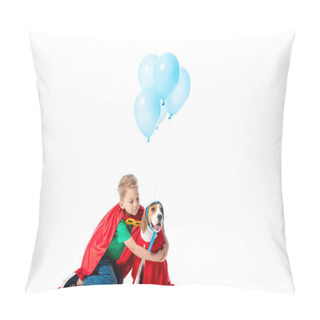 Personality  Preschooler Child  In Red Hero Cloak Embracing Beagle Dog Near Blue Party Balloons Isolated On White Pillow Covers