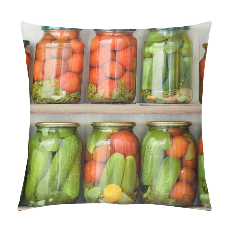 Personality  Glass Jars Close Up With Home Canned Vegetables Standing In Rows On Wooden Shelves. Pillow Covers