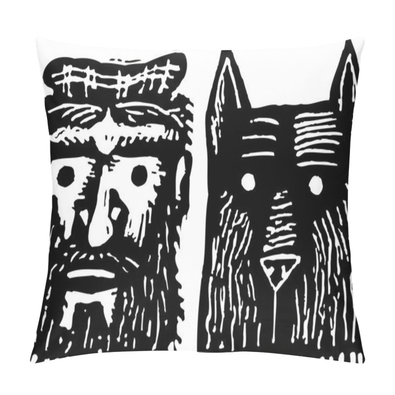 Personality  Woodcut Illustration of Scottish Man with Scotty Dog pillow covers